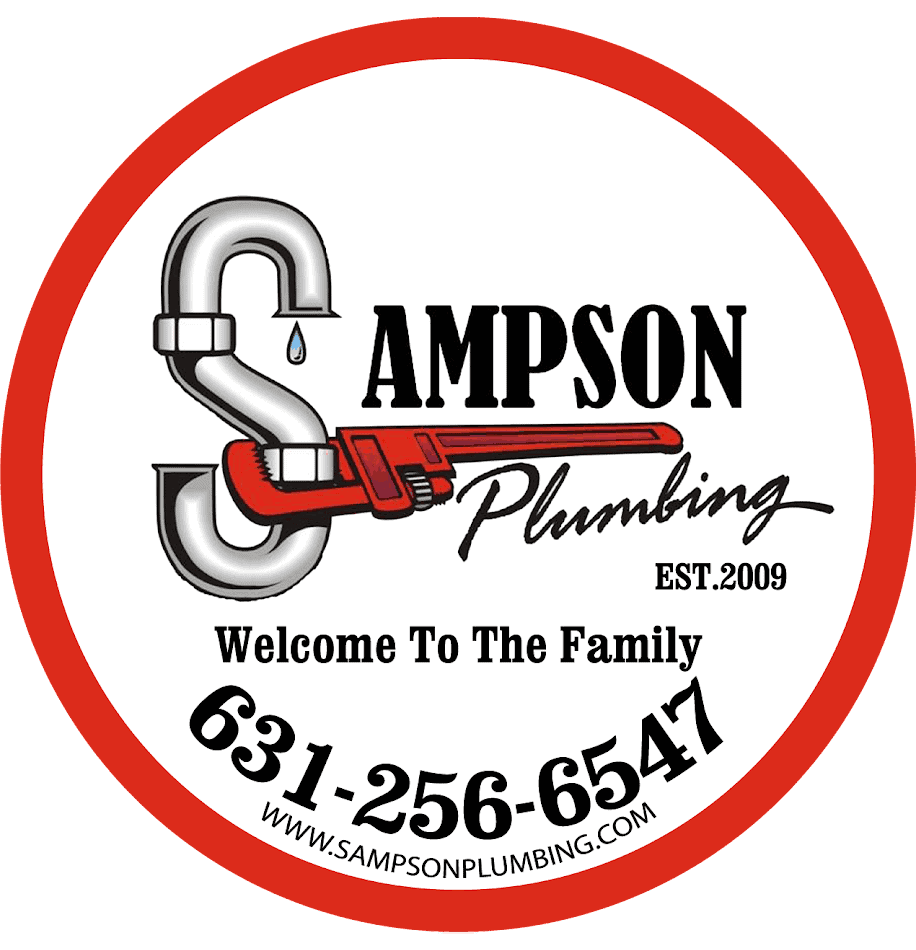 Logo for Sampson Plumbing, blending residential plumber expertise with a stylized pipe and wrench. Featuring a water drop and "Sampson Plumbing, EST. 2009," it warmly invites you with "Welcome To The Family." Contact us at 631-256-6547 or visit www.sampsonplumbing.com.