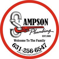 Logo for Sampson Plumbing featuring a stylized pipe and wrench forming the letter "S." Includes "Sampson Plumbing, Est. 2009," "Welcome to the Family," phone number "631-256-6547" and highlights their expertise as a residential plumber. Website: www.sampsonplumbing.com.