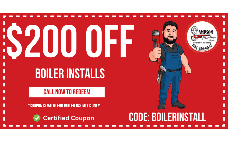 Red coupon offering $200 off boiler installs and oil to gas conversions from Ampson Plumbing. Features illustrated person in work attire holding a wrench. Includes a phone number and states "Certified Coupon" with code: BOILERINSTALL.