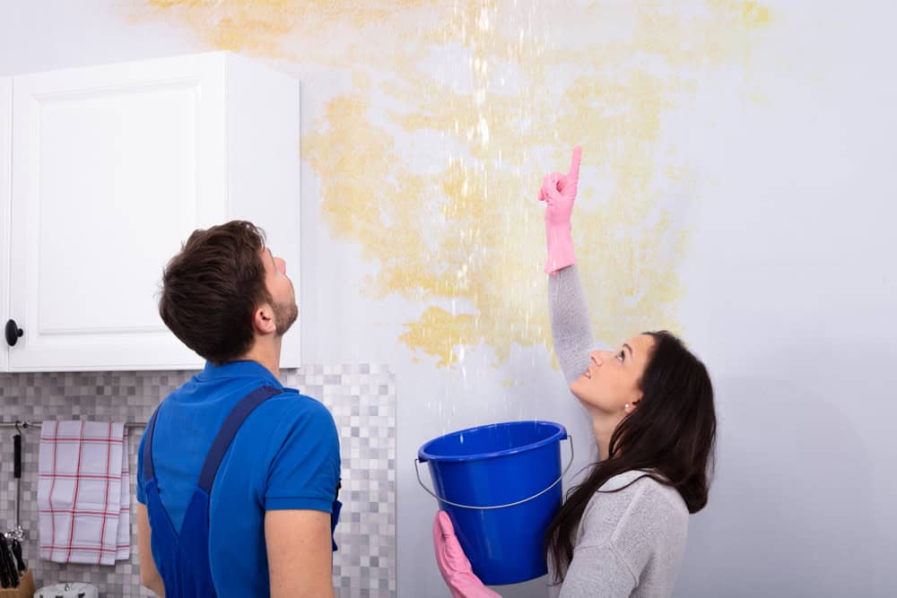 A woman in pink gloves points to a ceiling with water leaks, holding a blue bucket. A man in a blue shirt looks up, assessing the leak like a skilled plumber. They stand in a kitchen with a tiled backsplash and white cabinets, pondering if boiler services might prevent future mishaps.
