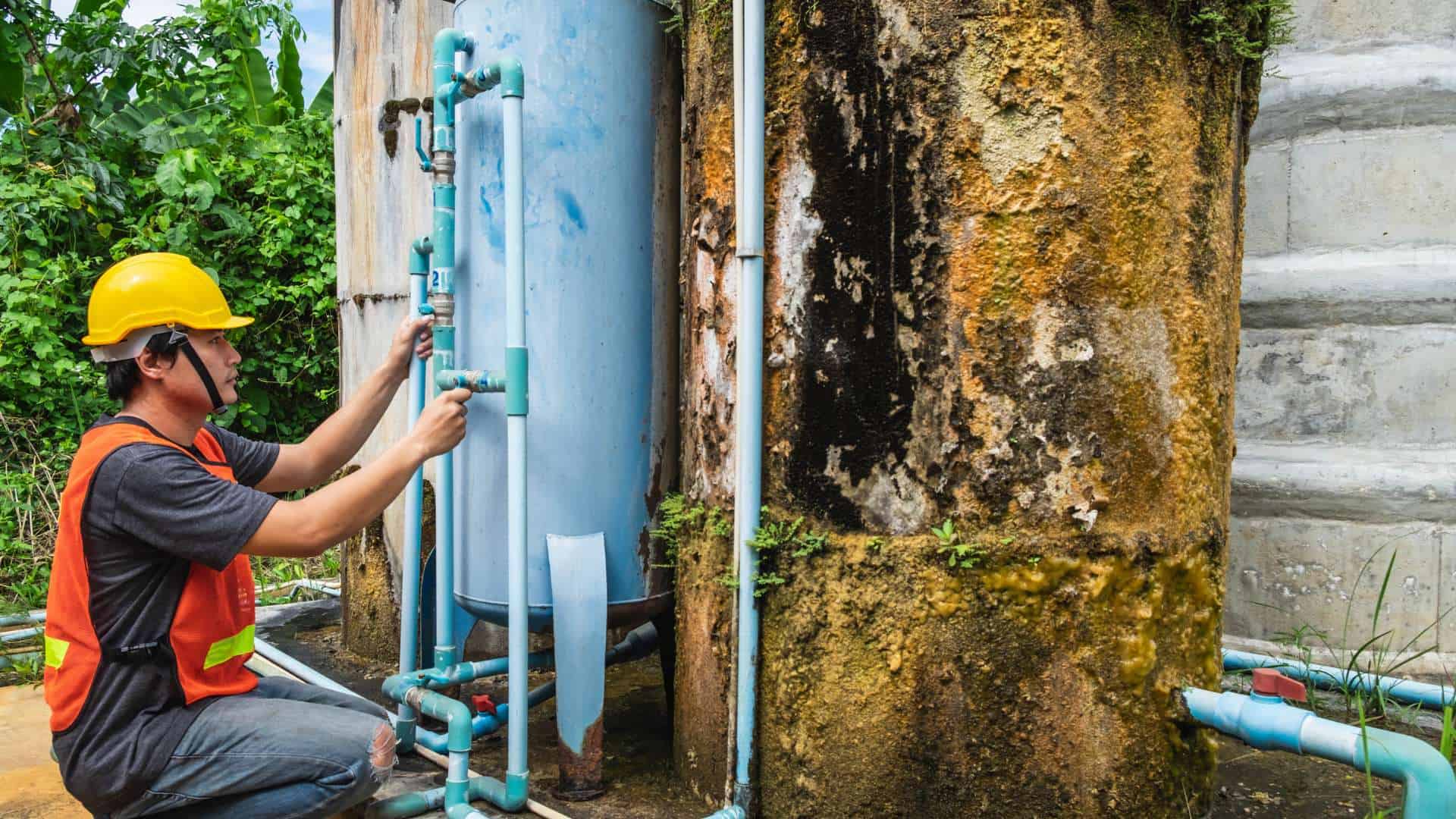 A skilled worker wearing a yellow hard hat and orange safety vest adjusts pipes connected to a large, weathered tank outdoors. Surrounded by greenery, the tank, likely maintained by a residential plumber, shows signs of rust and moss growth.
