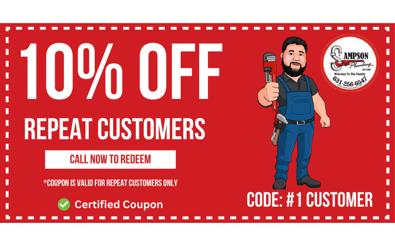A red coupon offering a 10% discount for repeat customers. It features a cartoon plumber holding a tool, and includes the business logo and phone number. The text instructs to call now to redeem, with the code "1 CUSTOMER." Certified coupon noted.